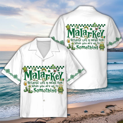 St. Patrick's Day hawaiian shirt in white with green Malarkey design and lucky symbols, main view