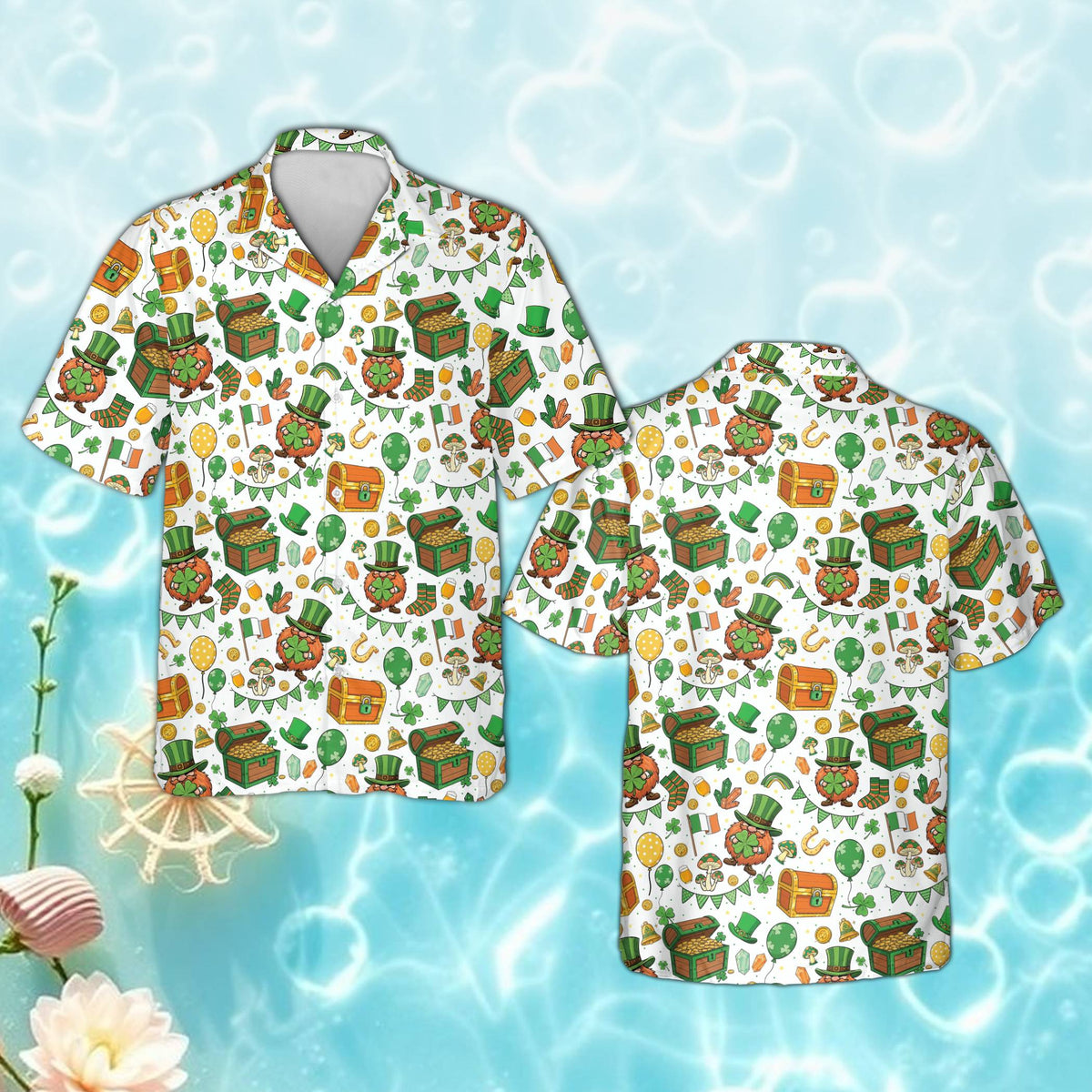 St. Patrick's Day hawaiian shirt in white with festive holiday pattern, front view