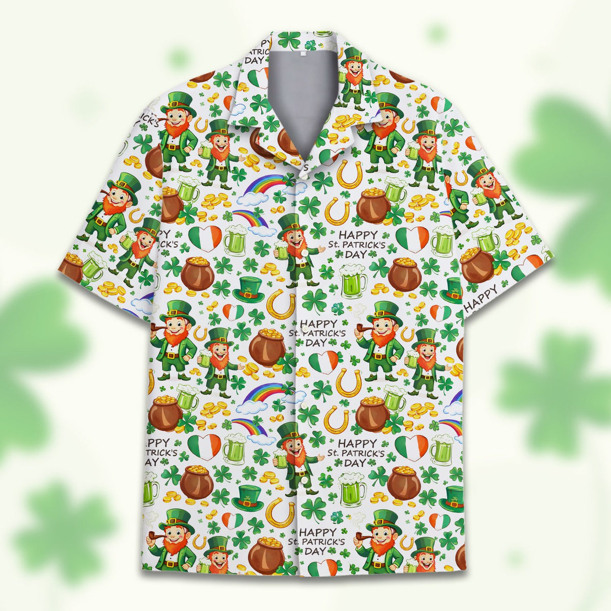 White and green holiday hawaiian shirt, front view