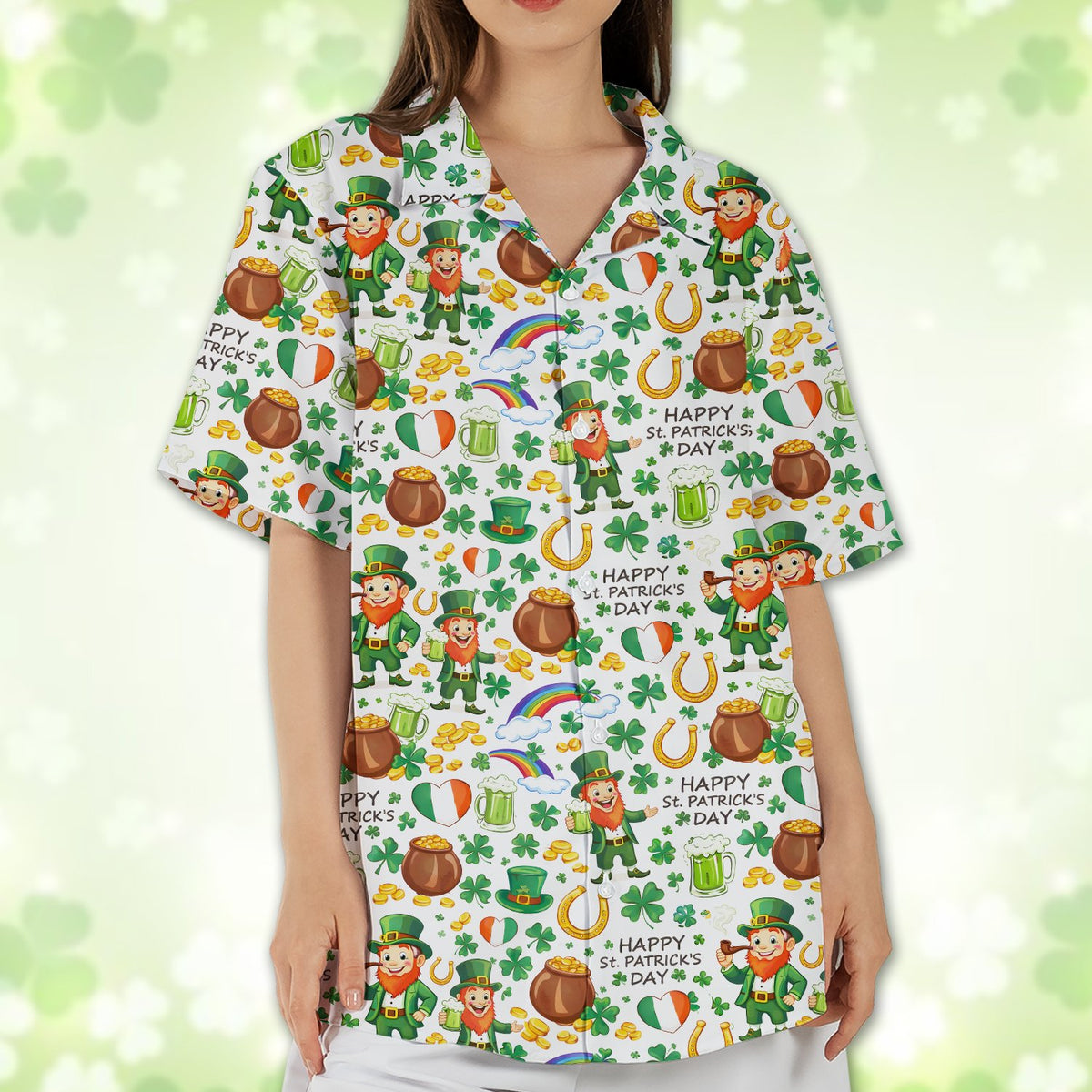 St. Patrick's Day hawaiian shirt featuring shamrocks and leprechauns on white, main view
