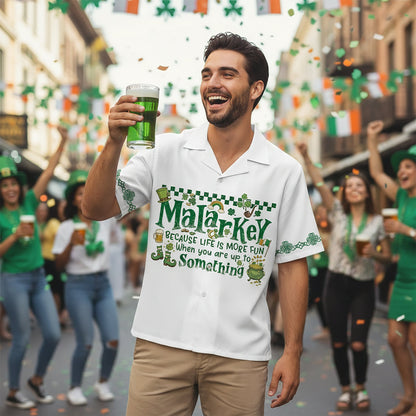 Lifestyle view of someone wearing the St. Patrick's Day hawaiian shirt