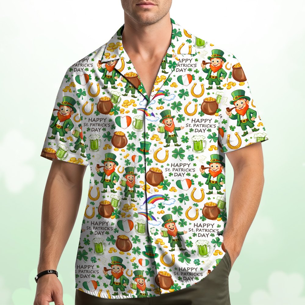 Lifestyle view of matching family hawaiian shirts for St. Patrick's Day