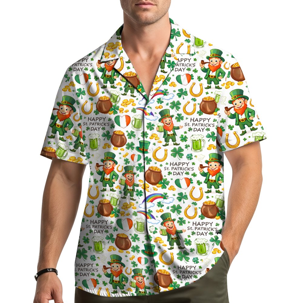 Person wearing a St. Patrick's Day hawaiian shirt outdoors, lifestyle view