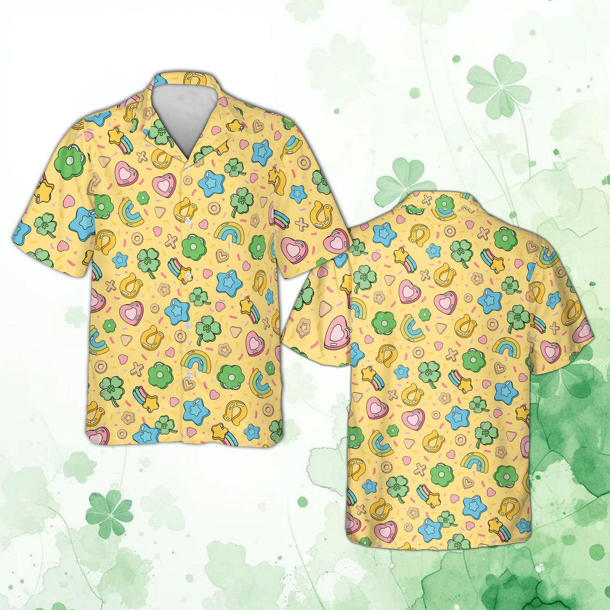 Yellow St. Patrick's Day hawaiian shirt with colorful shapes pattern front view