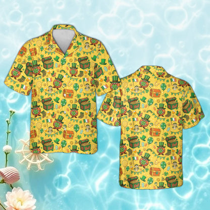 St. Patrick's Day hawaiian shirt in yellow with Irish flags, front view