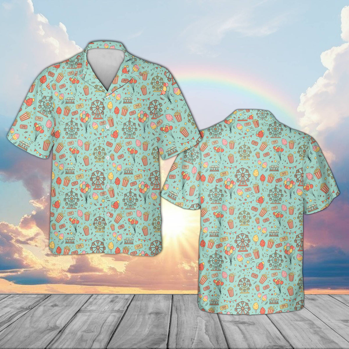 Mint green state fair hawaiian shirt, front view