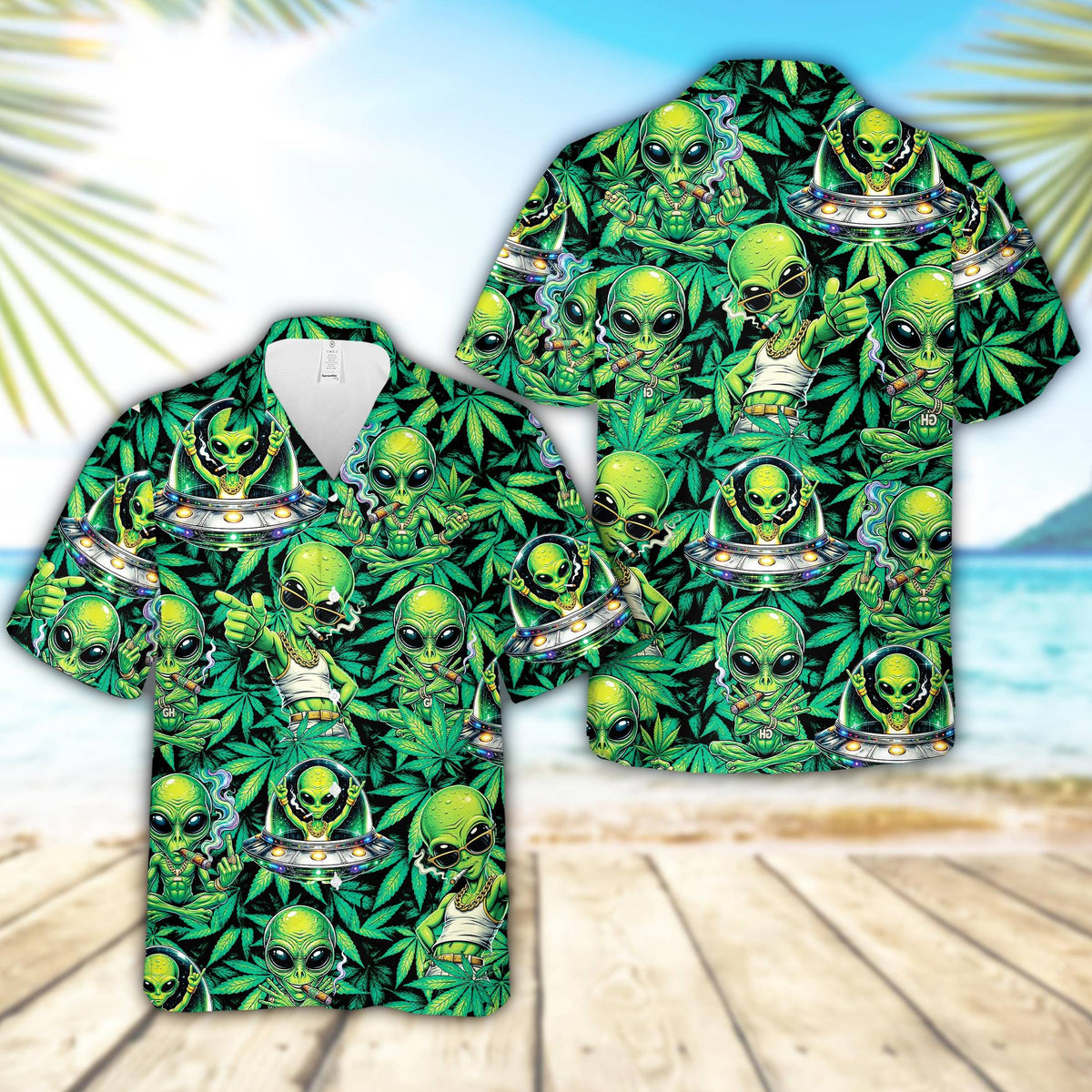 Stoner alien hawaiian shirt featuring a continuous print of smoking extraterrestrials, UFOs, and marijuana leaves on a black base, main view