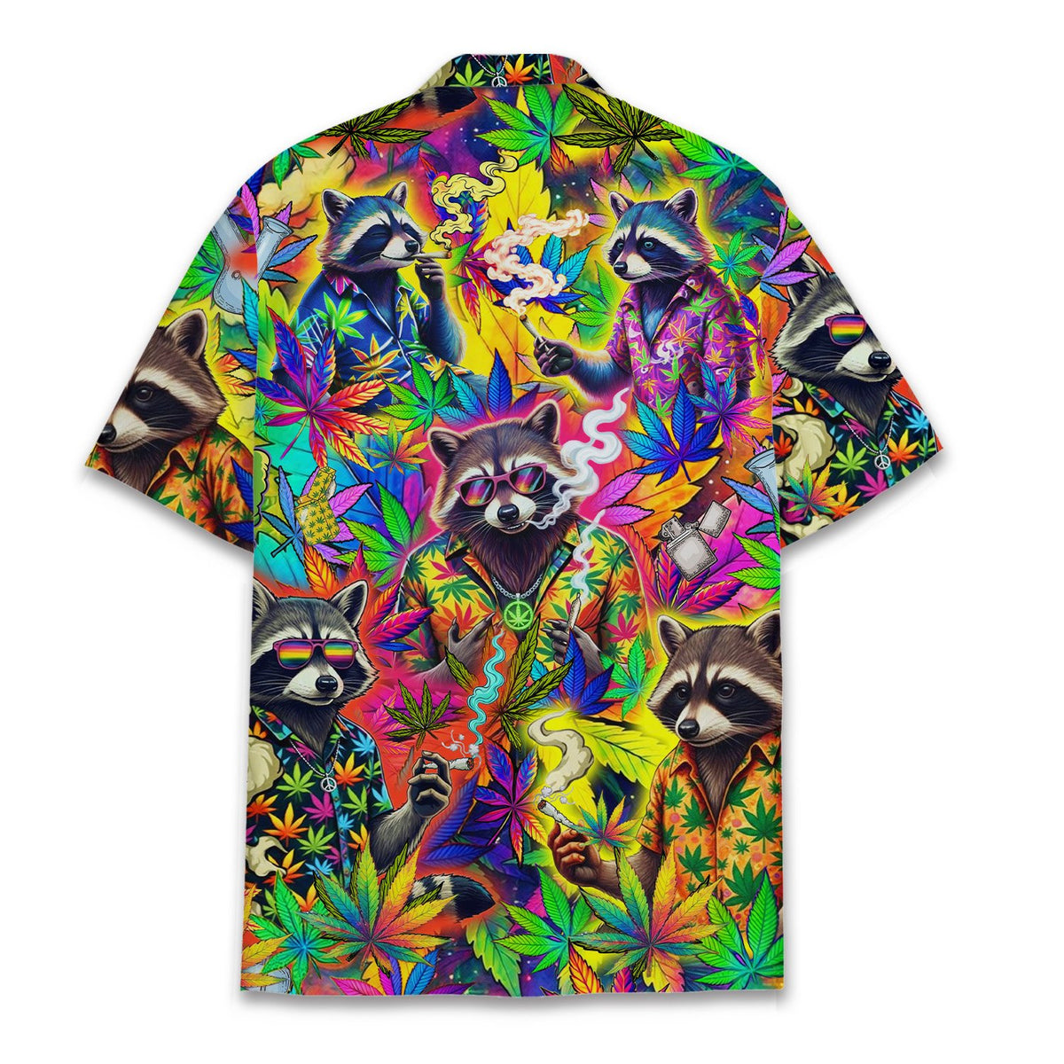 Detailed back view of the stoner raccoons weed hawaiian shirt