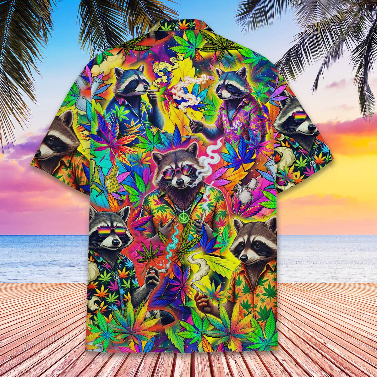Back view of the vibrant matching family hawaiian shirt with psychedelic weed leaves