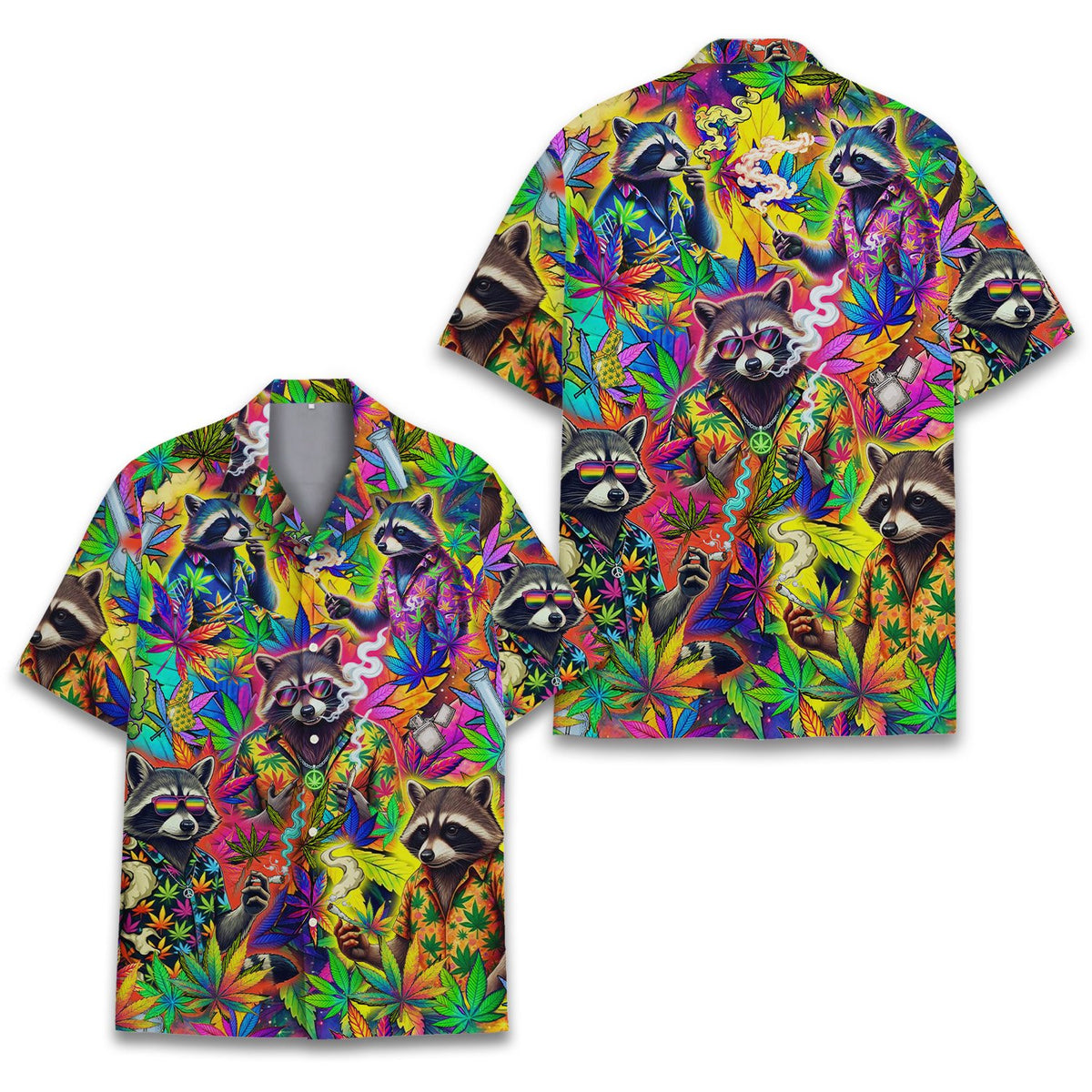 Detailed front view of the raccoons smoking joints pattern on the Hawaiian shirt