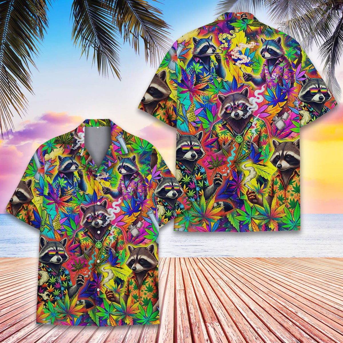 Another front angle of the stoner raccoons weed hawaiian shirt