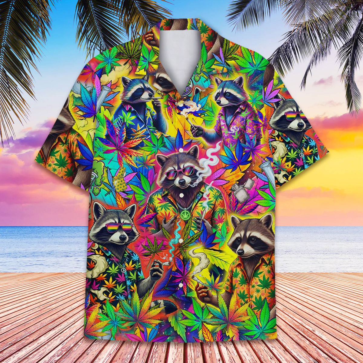 Main view of the stoner raccoons weed hawaiian shirt showing the vibrant psychedelic design