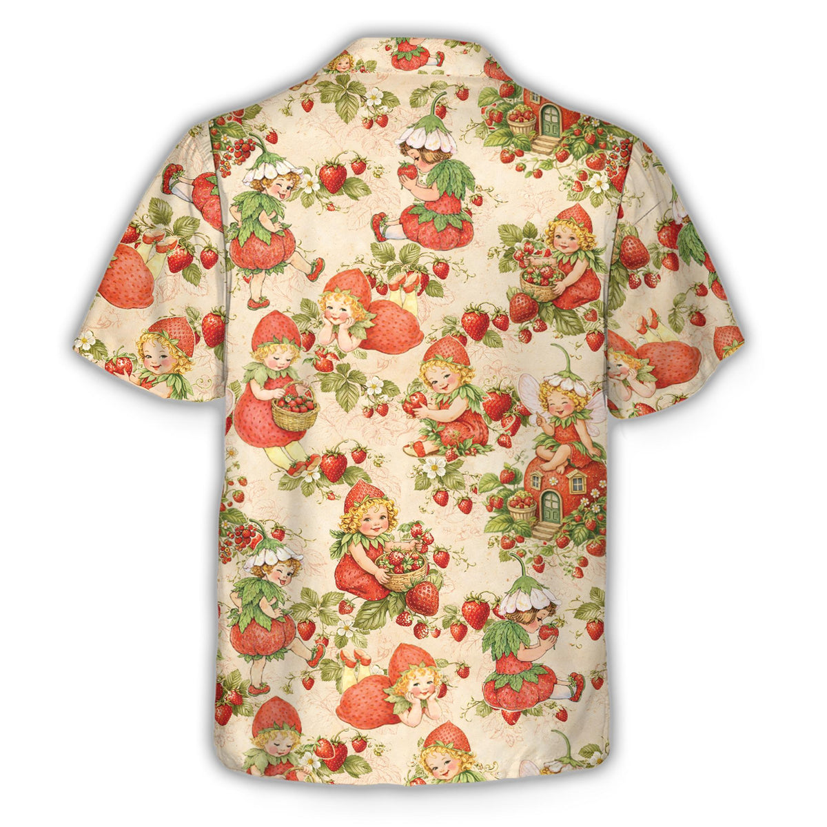Back view of the strawberry fairy vintage hawaiian shirt showing vintage illustrations