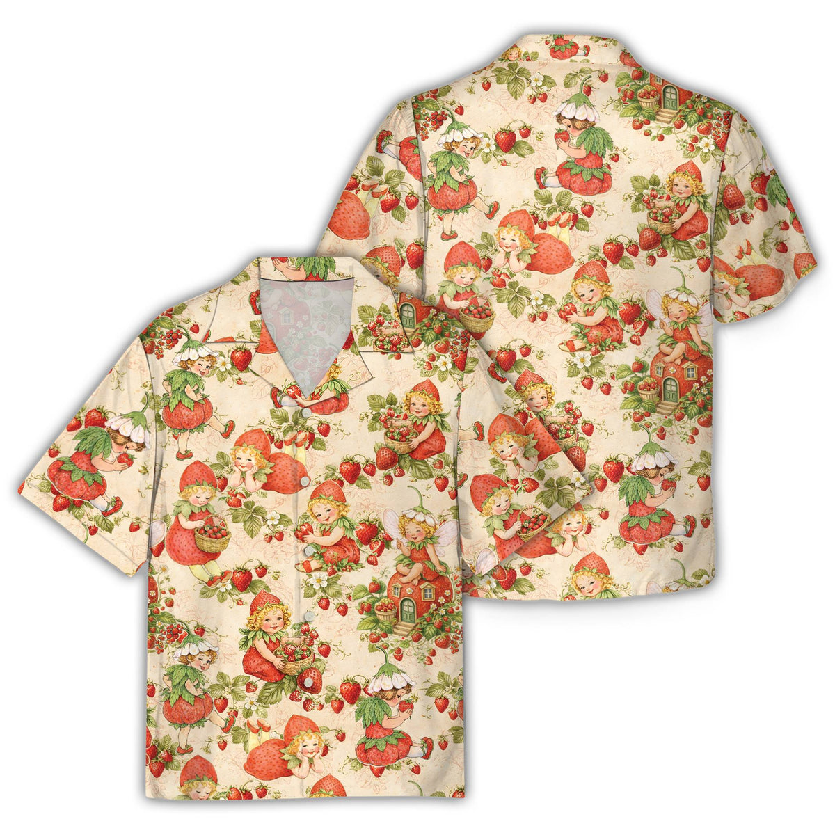 Front view of the beige strawberry fairy vintage hawaiian shirt