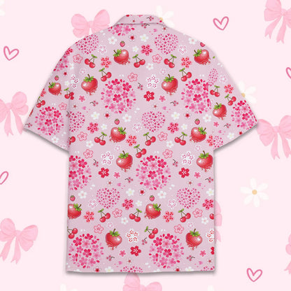 Pink strawberry floral hawaiian shirt for family matching, back angle view