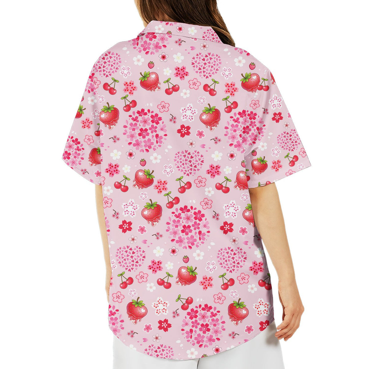 Matching family strawberry floral hawaiian shirt, back view