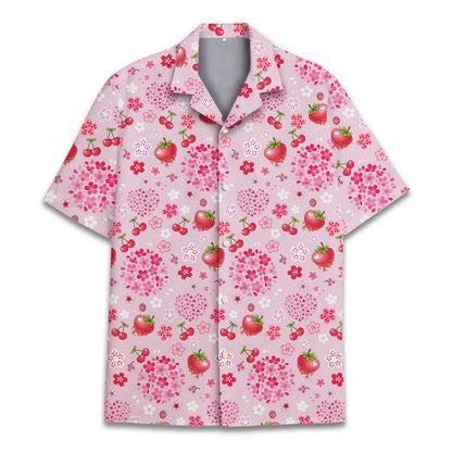 Pink strawberry floral hawaiian shirt for family matching, front angle view
