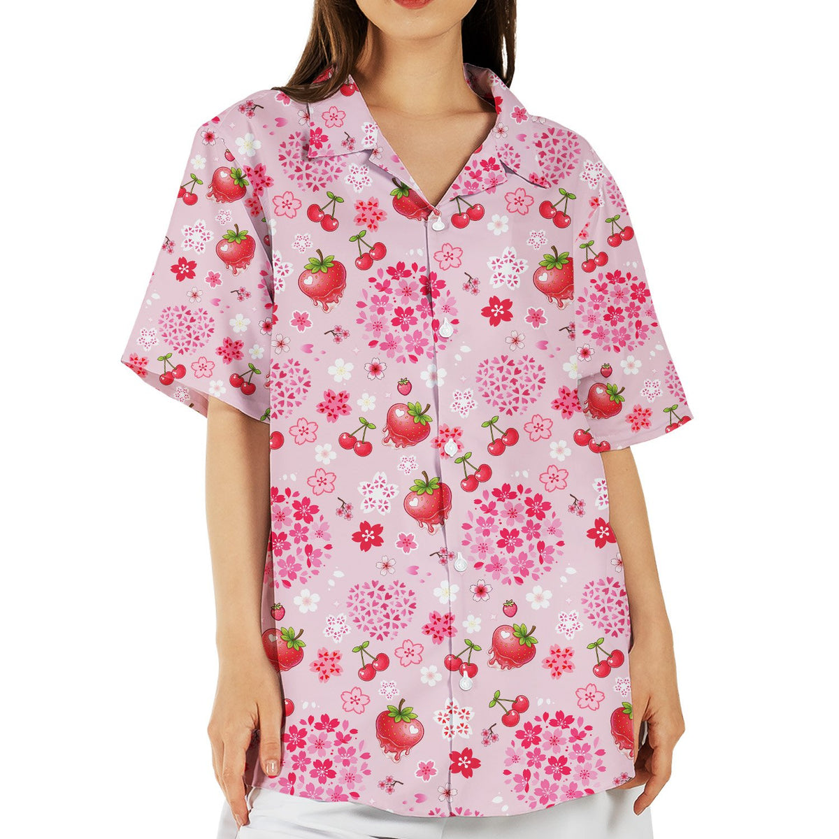 Matching family strawberry floral hawaiian shirt, front view