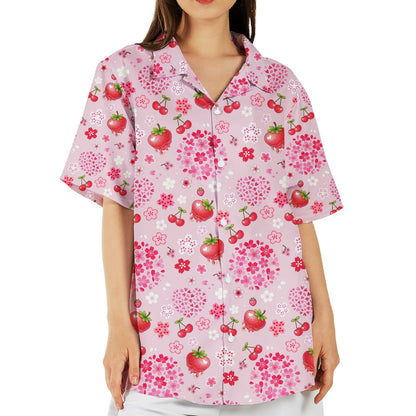 Matching family strawberry floral hawaiian shirt, front view