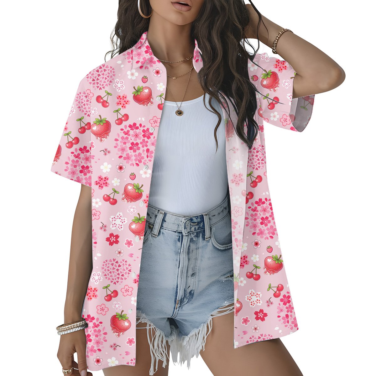 Second lifestyle image of the strawberry floral hawaiian shirt