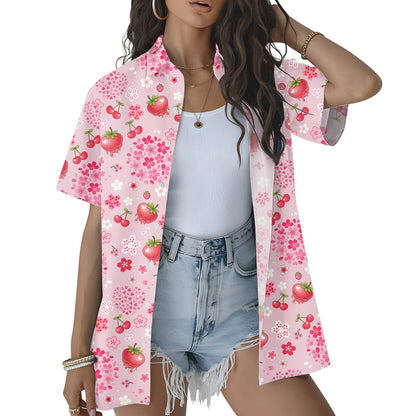 Second lifestyle image of the strawberry floral hawaiian shirt