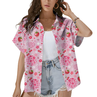 Lifestyle image of the strawberry floral hawaiian shirt worn outdoors