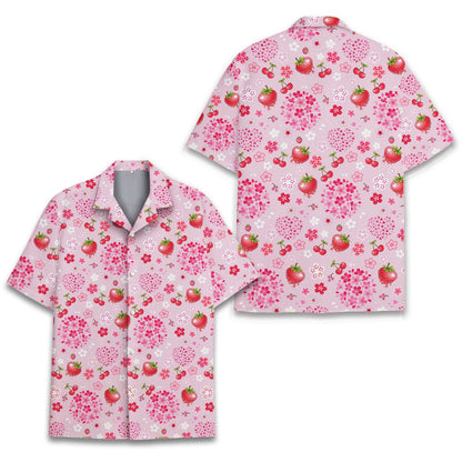 Close up view of the fabric details on the strawberry floral hawaiian shirt