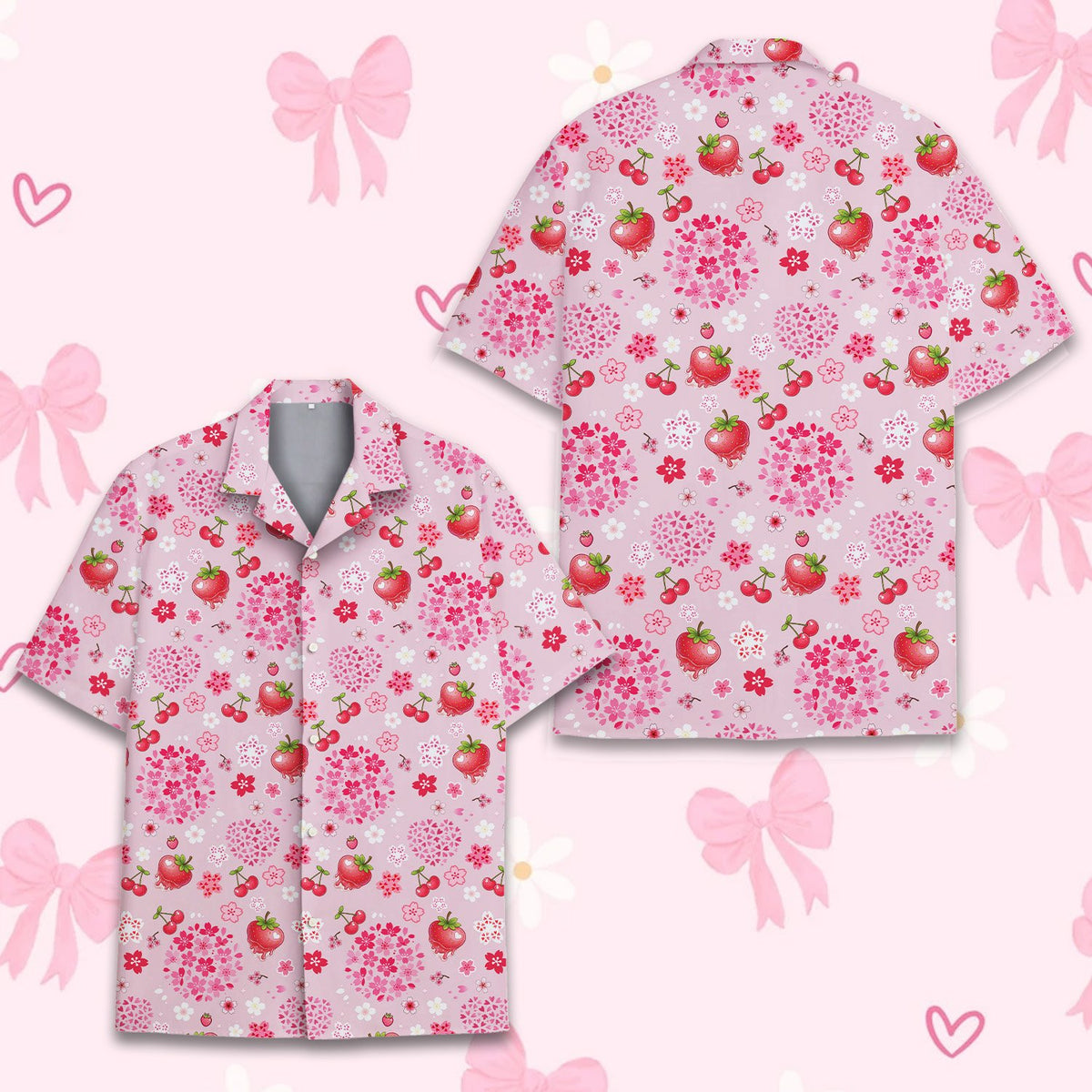 Detailed view of the strawberry and cherry blossom pattern on the hawaiian shirt