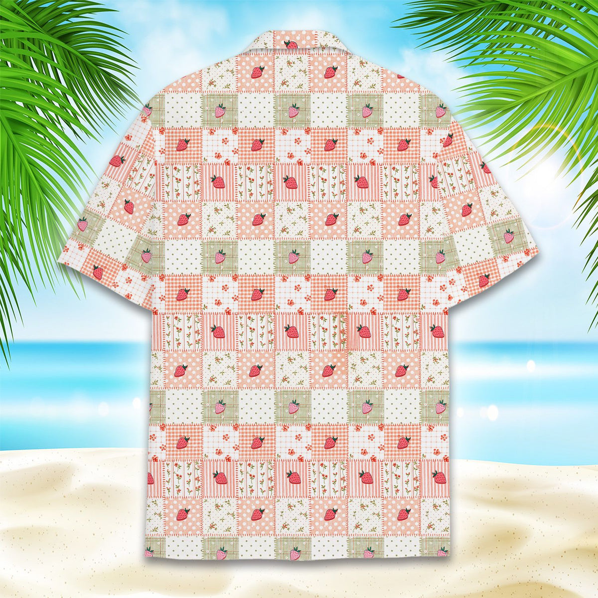 Back view of the matching family hawaiian shirt with strawberry patchwork pattern