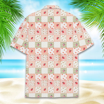 Back view of the matching family hawaiian shirt with strawberry patchwork pattern