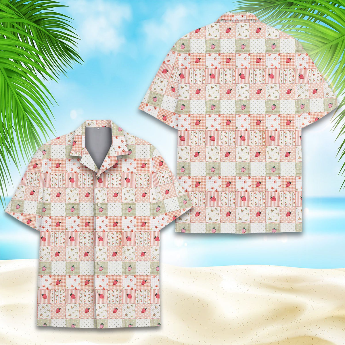 Additional front view of the strawberry hawaiian shirt showing button details