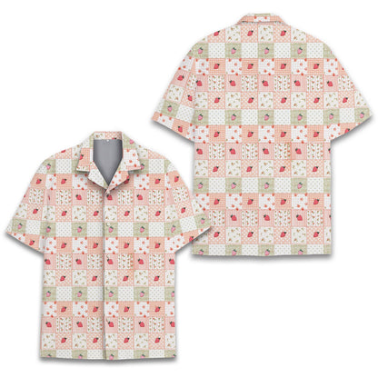 Close view of the patchwork hawaiian shirt collar and long sleeve shirts alternative styling