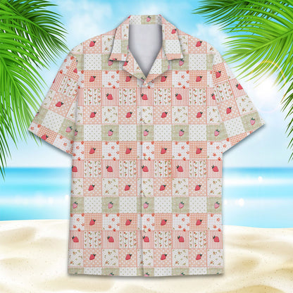 Front view of the matching family hawaiian shirts with strawberry patchwork design