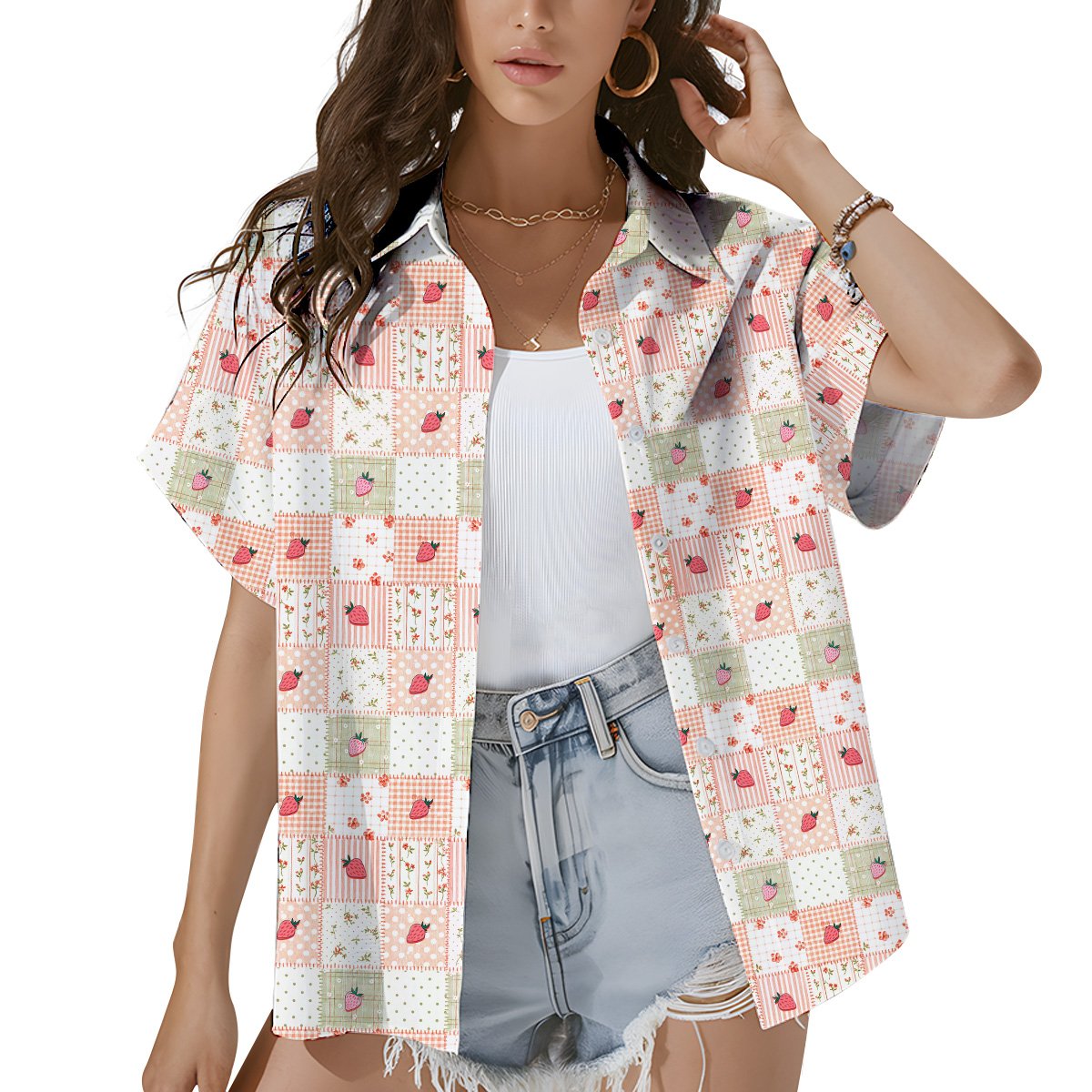 Second lifestyle view featuring the strawberry patchwork hawaiian shirt in a summer setting