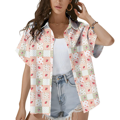 Second lifestyle view featuring the strawberry patchwork hawaiian shirt in a summer setting