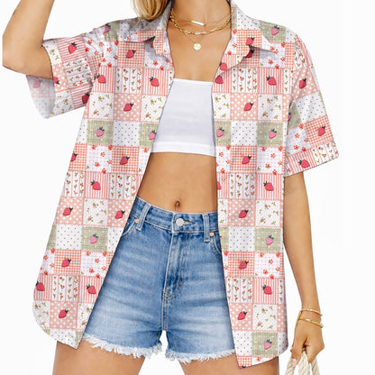Third lifestyle view showing the vibrant pink strawberry design on the matching hawaiian shirts