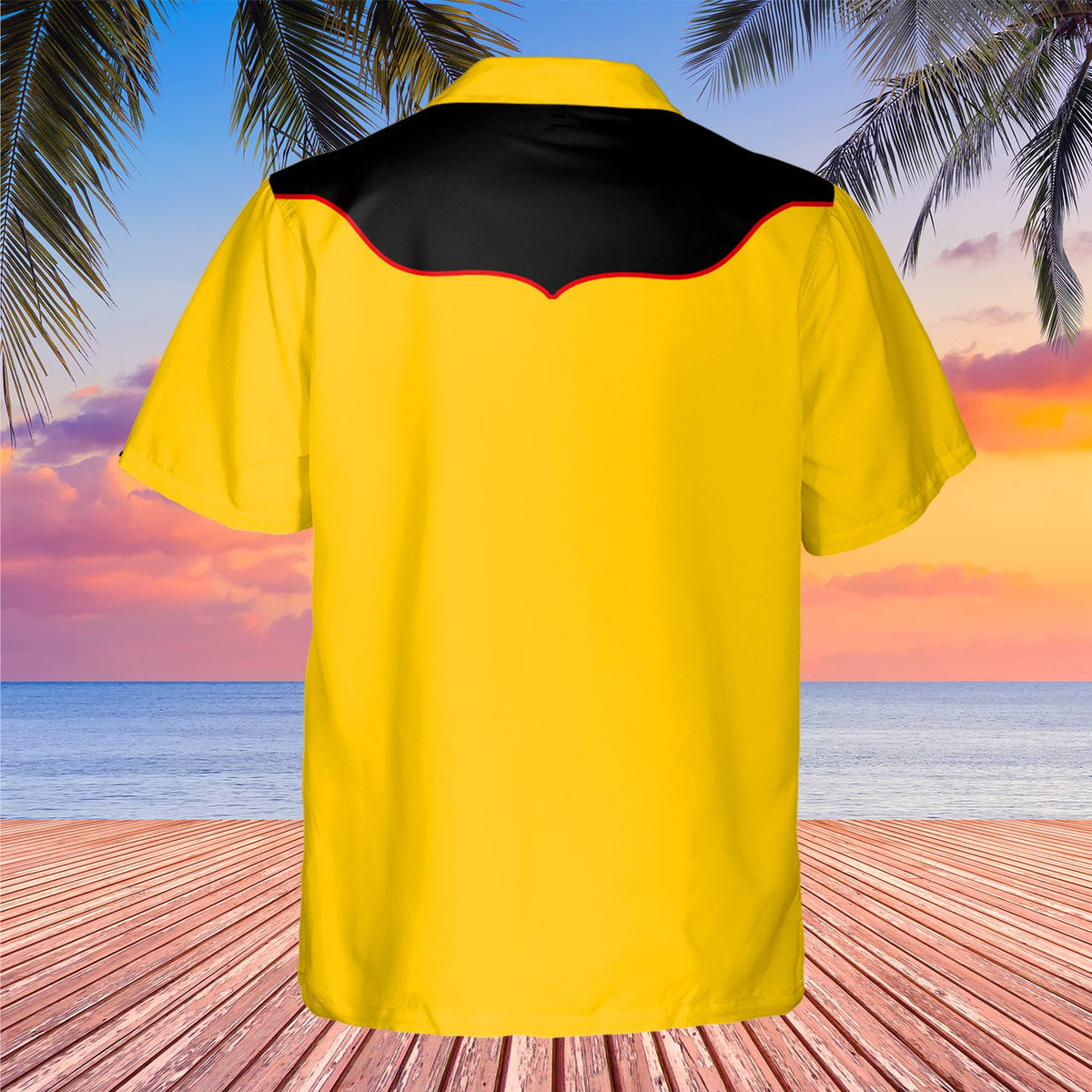 Detailed back view of the yellow matching family hawaiian shirt