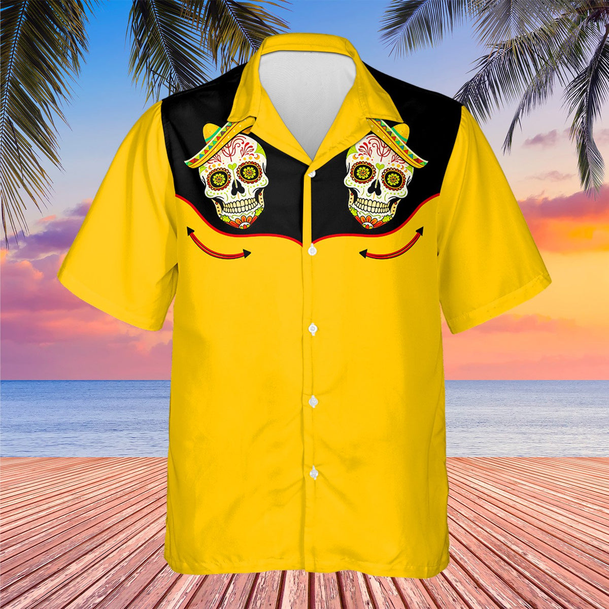 Back view of the yellow and black sugar skull hawaiian shirt