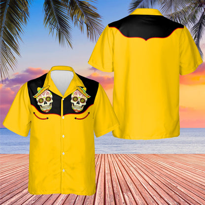 Close-up front view of the yellow sugar hawaiian shirt with decorative skulls