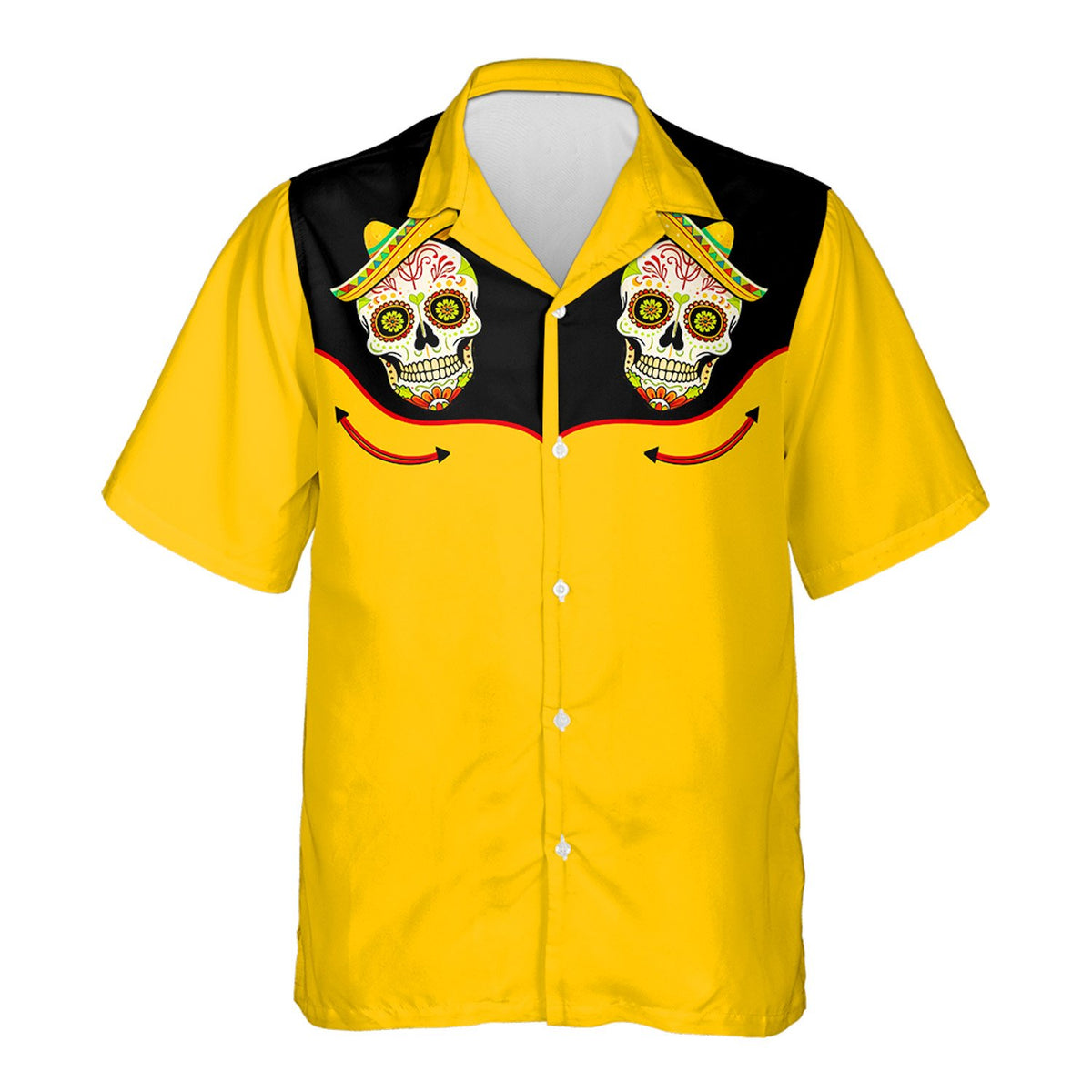 Detailed front view showing the button-up design of the sugar skull hawaiian shirt