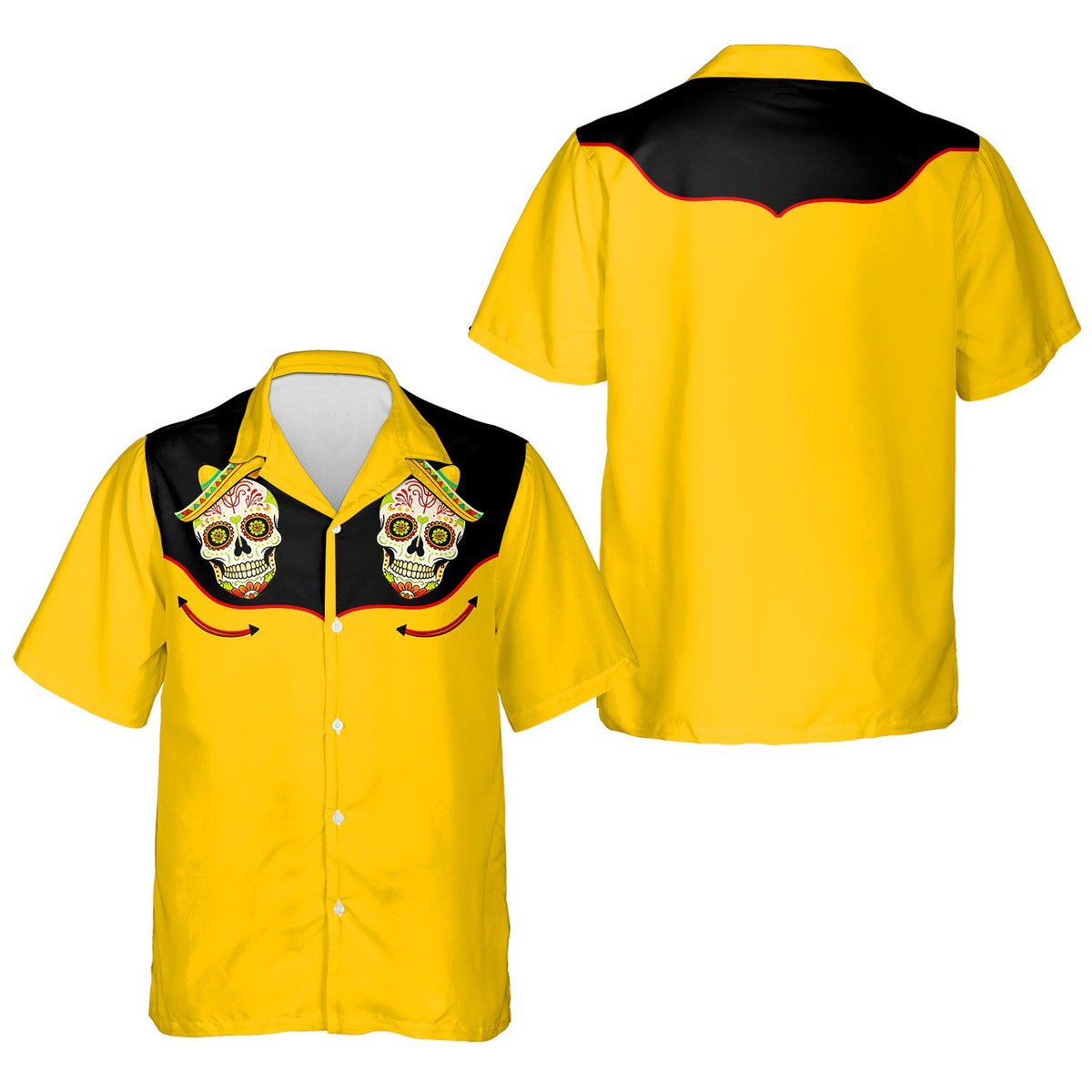 Yellow sugar hawaiian shirt with black western yoke and sombrero skulls, main view