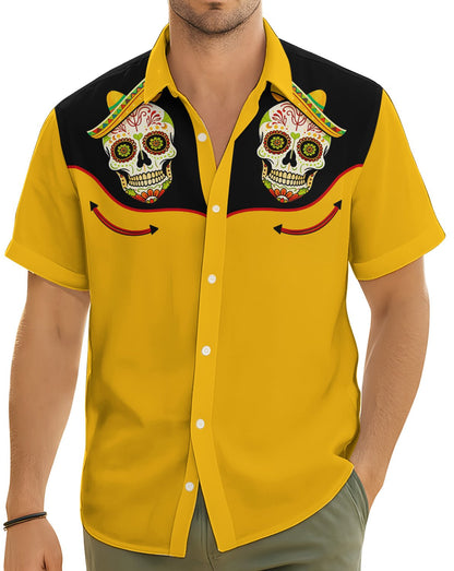 Lifestyle view of an adult wearing the yellow sugar hawaiian shirt