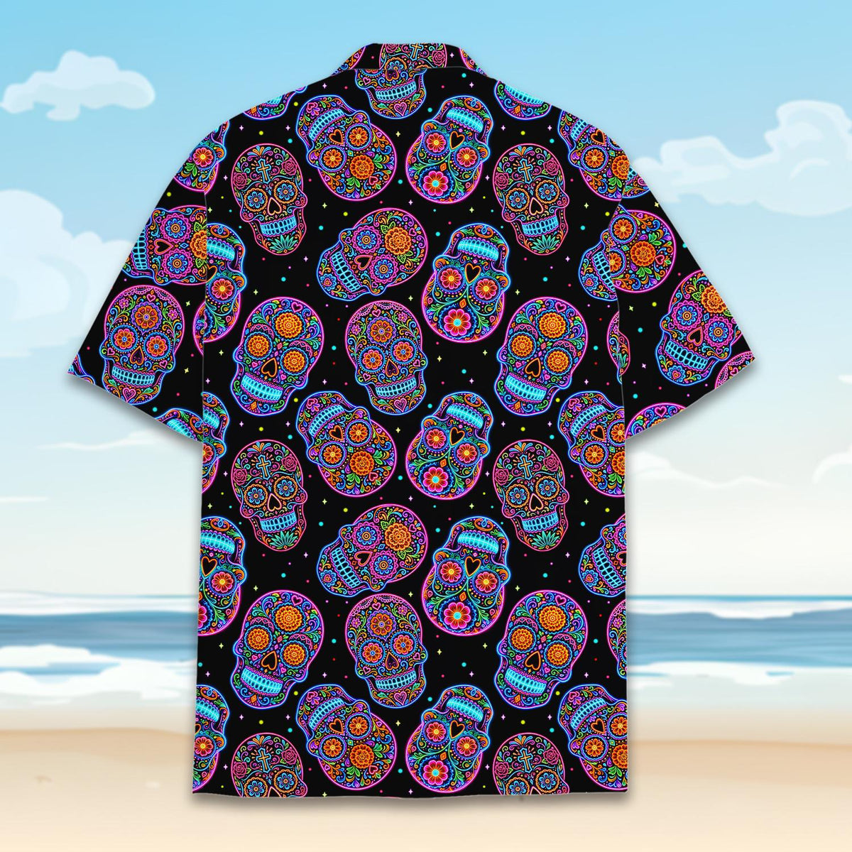 Sugar skulls hawaiian shirt, alternate back view