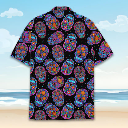 Sugar skulls hawaiian shirt, alternate back view