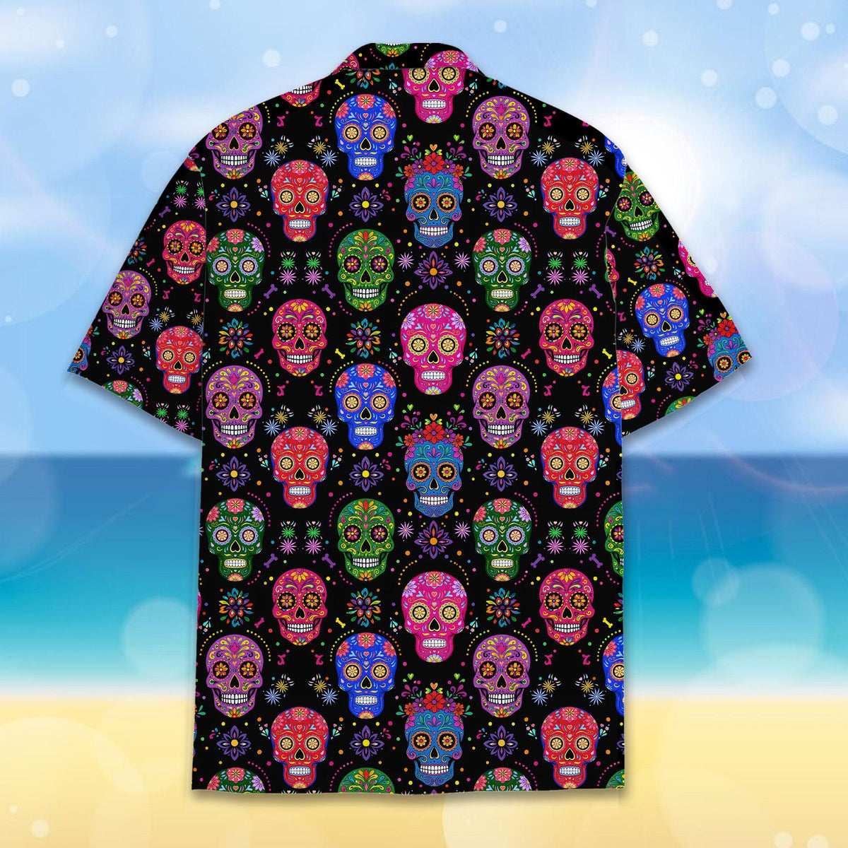Back view of the matching family Hawaiian shirt with sugar skulls
