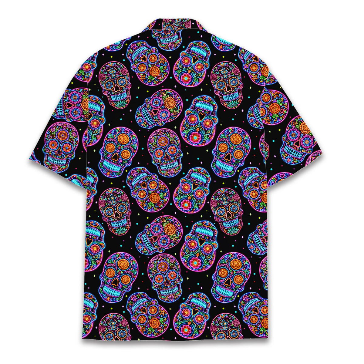 Matching family hawaiian shirts featuring a neon sugar skulls pattern, back view