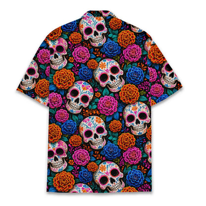 Back view of the matching family hawaiian shirt showing the sugar skulls design