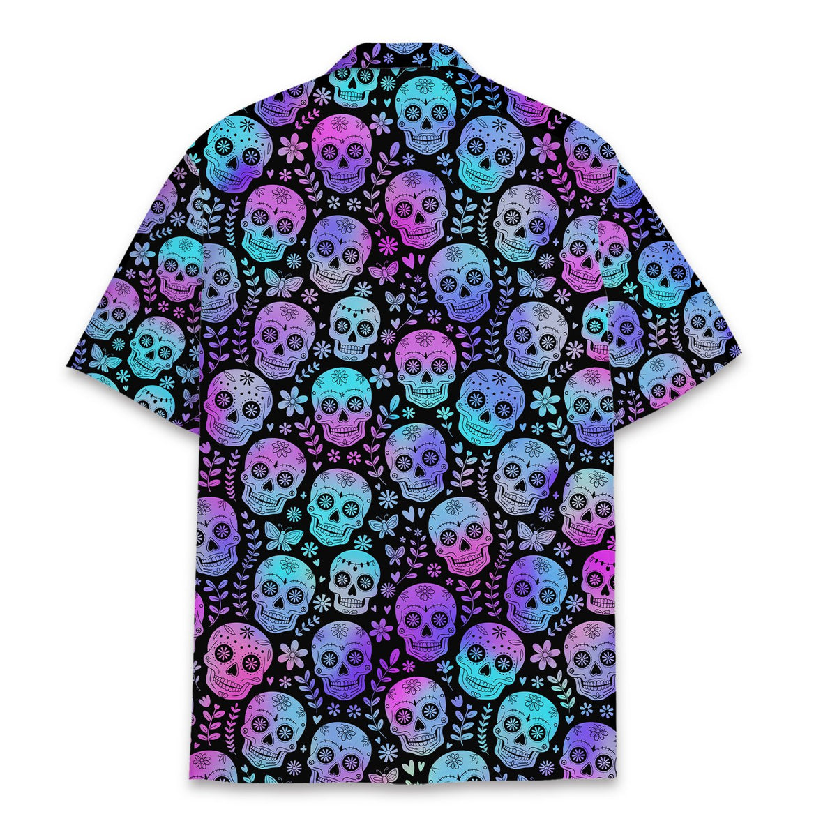 Back view of the matching family hawaiian shirt with vibrant sugar skull pattern