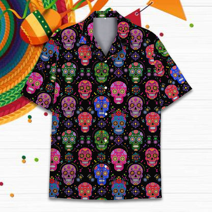 Detailed front view showing the vibrant pink and blue sugar skulls design