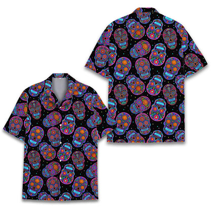 Matching family hawaiian shirt with neon sugar skulls design, alternate front view